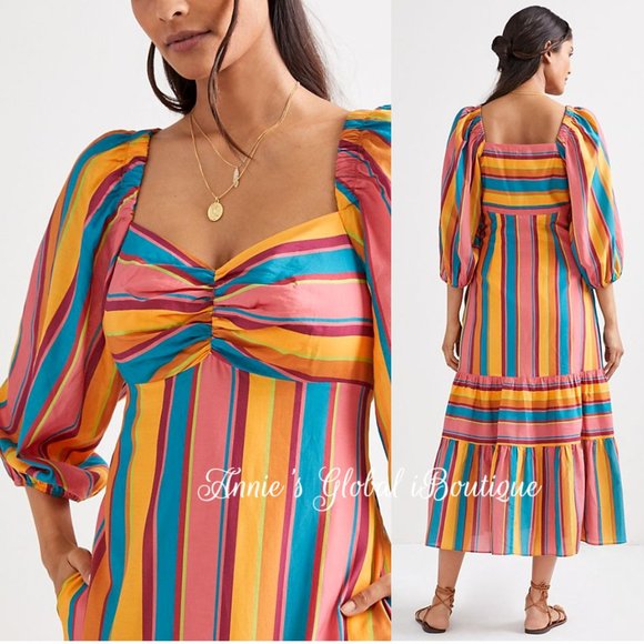 RARE NWT ANTHROPOLOGIE FARM RIO Rainbow Striped Flounced Midi Dress. Size L - Picture 4 of 16